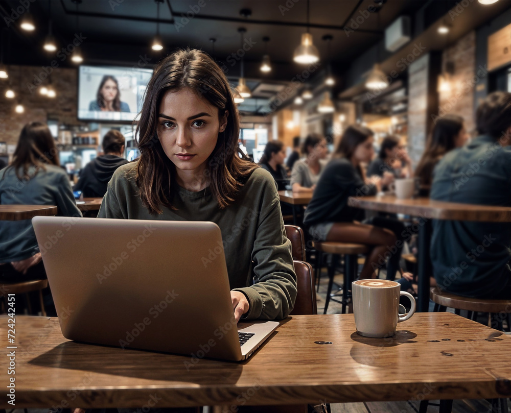 woman smiling and sitting at a table with a laptop and a cup of coffee. She is focused on her work. There are other people in the background, engaged in their own activities. woman smiling and sitting at a table with a laptop and a cup of coffee. She is focused on her work. There are other people in the background, engaged in their own activities.