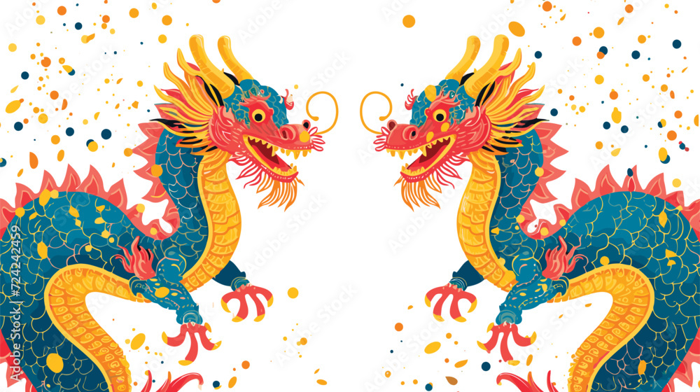Vector double chinese dragon with confetti white background Vector double chinese dragon with confetti white background