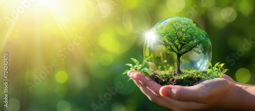 Human hand holding transparent glass globe with growing tree on nature green blur background. photo