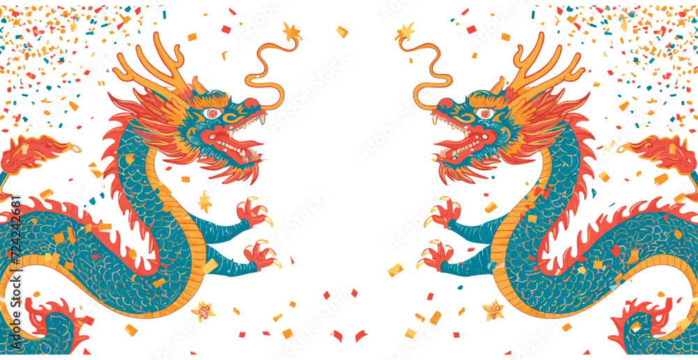 Fototapeta premium Vector double chinese dragon with confetti white background
