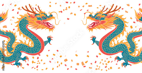 Vector double chinese dragon with confetti white background