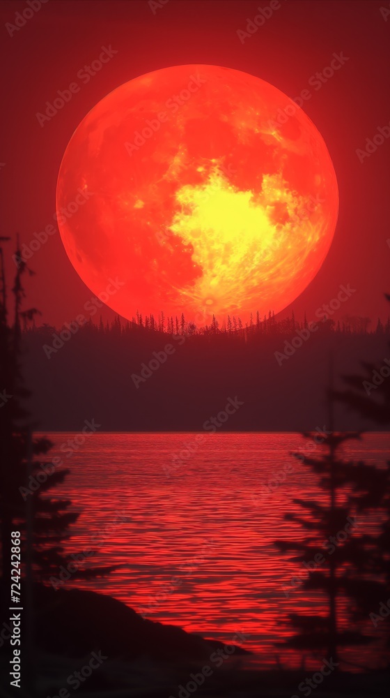 Red Supermoon Rising Over Serene Lake at Twilight
