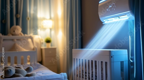 Air conditioner in baby bedroom. Kids room climate control. Infant child in crib under cool air breeze. Comfortable temperature, healthy sleep on summer night. Air conditioning device in family home photo