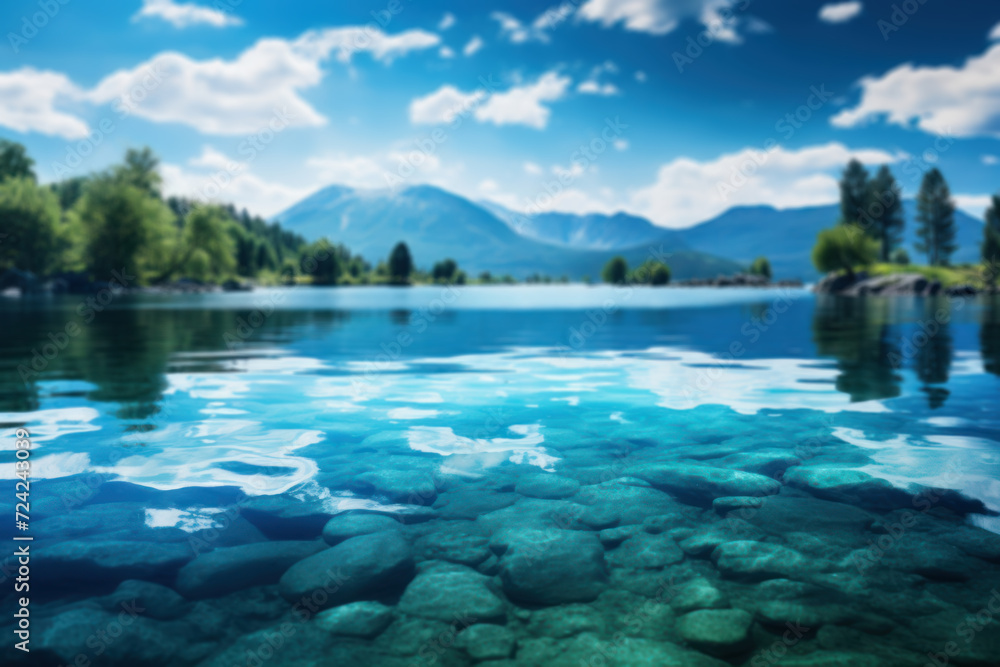 A crystal-clear lake reflects the azure sky, creating a breathtaking mirror image that blurs the boundary between the water's surface and the heavens above.  Generative Ai.
