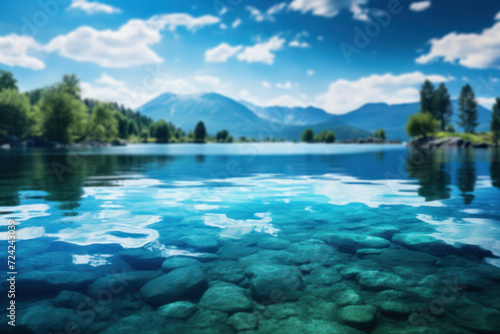 A crystal-clear lake reflects the azure sky, creating a breathtaking mirror image that blurs the boundary between the water's surface and the heavens above. Generative Ai.