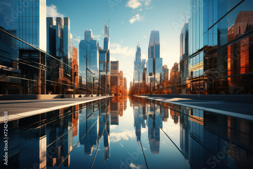 A sleek glass skyscraper pierces the skyline, reflecting the surrounding cityscape like a modern-day mirror, symbolizing the convergence of architecture and urban life. Generative Ai.