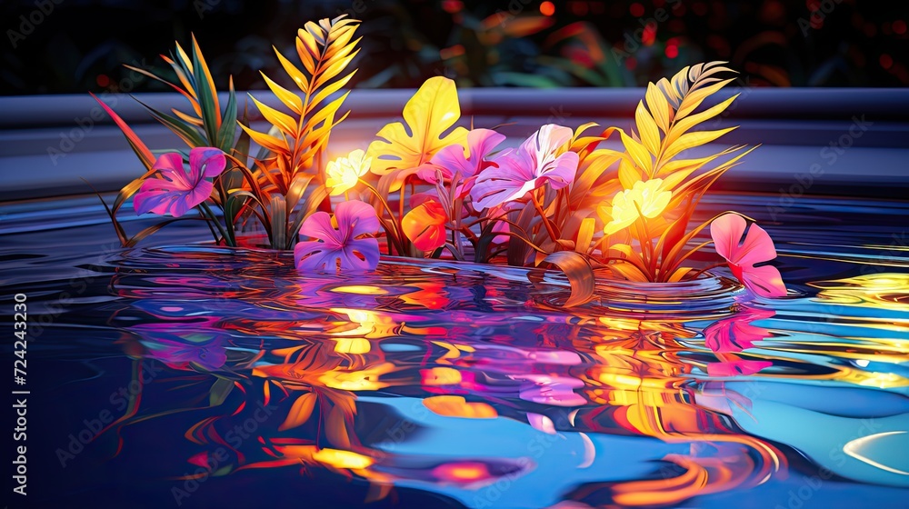neon tropical flowers on a water. Generative AI