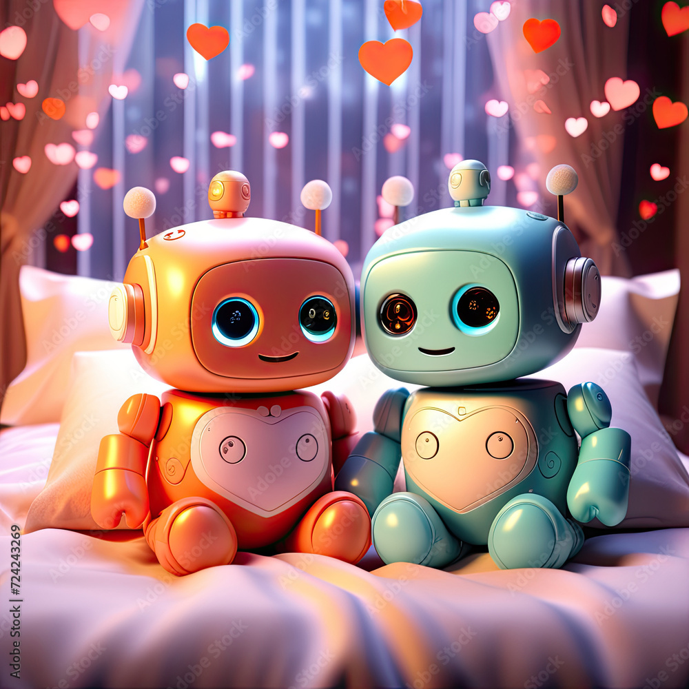 Happy robots enjoy spending time together and behave like human beings on Valentine's day background.