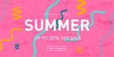 Summer Design with Graphic Memphis Element. Modern Background Patterns for Advertising, Web, Poster, Social Media, Banner, Cover. 3D Sale 20% Off. Vector Illustration