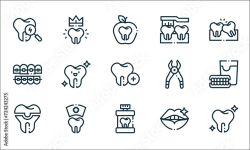 dentist line icons. linear set. quality vector line set such as clean tooth, mouthwash, dental crown, mouth, dental care, brackets, dental pliers, brushing teeth, crown.