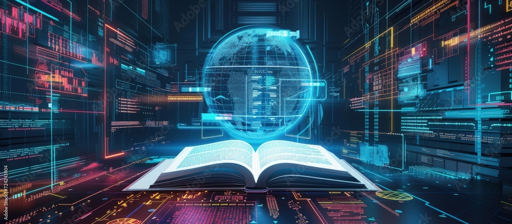 Futuristic open book for education with digital futuristic elements graphic.Generated AI - obrazy, fototapety, plakaty 