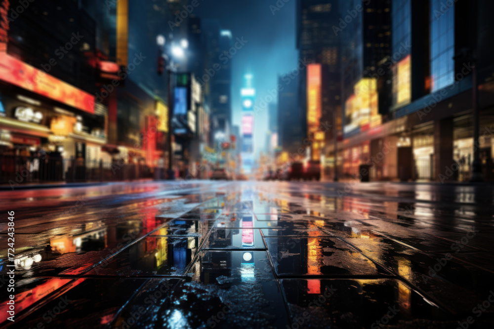 A photographer captures the play of city lights on rain-slicked streets, creating a reflective canvas that mirrors the urban energy after a rainfall.  Generative Ai.