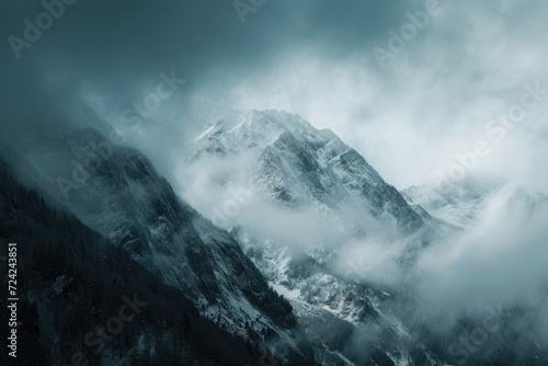 Snow-covered peaks and fluffy clouds create a majestic scene with diffused light. The sharp-focus, hyper-realistic image captures pure white mountains, bathed in a blanket of shadows