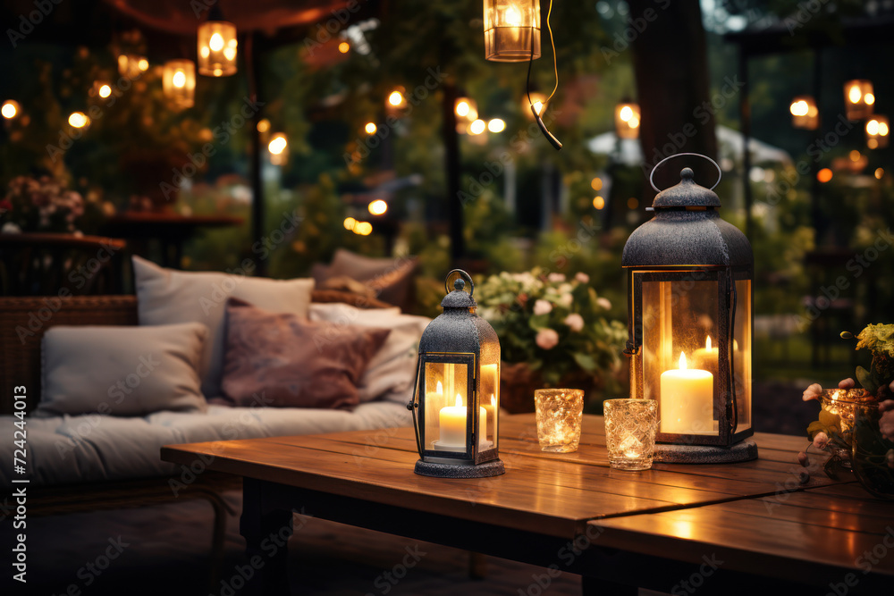 A lantern-lit garden party unfolds, infusing an outdoor space with a warm and convivial atmosphere, fostering connections and shared moments. Concept of illuminated social gatherings. Generative Ai.