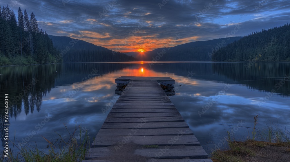 Fototapeta premium Dock Floating on a Quiet Lake Surrounded by Natures Beauty.