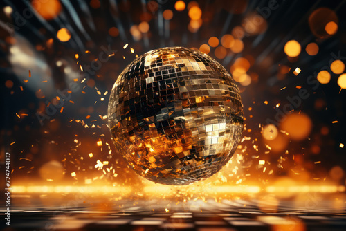 A disco ball spins, scattering fragments of light across a dance floor, creating a lively and energetic atmosphere that defines the essence of nightlife.  Generative Ai. photo