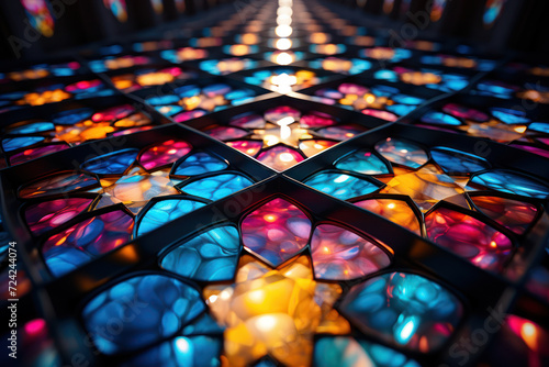 A stained glass window in a cathedral bathes the interior in a divine spectrum of hues, illustrating the spiritual and aesthetic significance of stained glass art. Generative Ai.