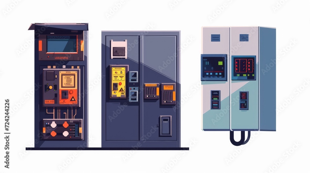 Electrical power switch panel with open and close door. Fuse box. Isolated vector illustration in flat style on white background Electrical power switch panel with open and close door. Fuse box. Isolated vector illustration in flat style on white background