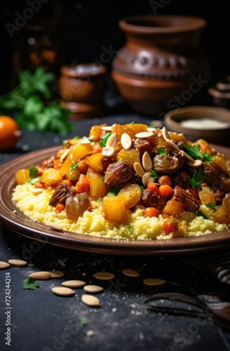 A plate of Moroccan couscous with meat and vegetables, topped with raisins and almonds. Generative AI.