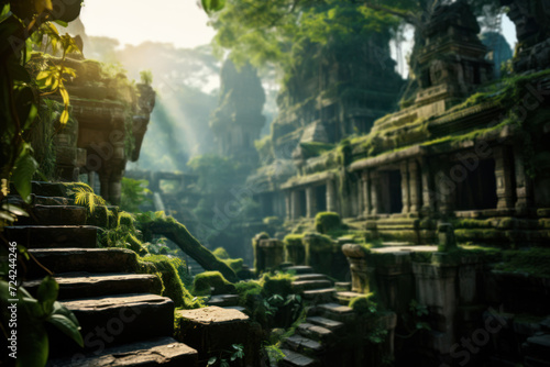 An ancient ruin emerges from the thick jungle  evoking a sense of awe and curiosity as it stands as a testament to the wonders of civilizations long past.  Generative Ai.
