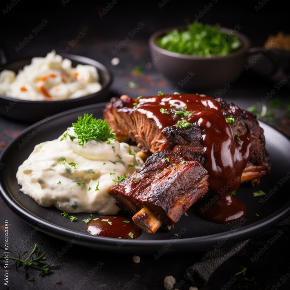 A plate of barbecue ribs with mashed potatoes and gravy, served on a black plate. Generative AI. A plate of barbecue ribs with mashed potatoes and gravy, served on a black plate. Generative AI.
