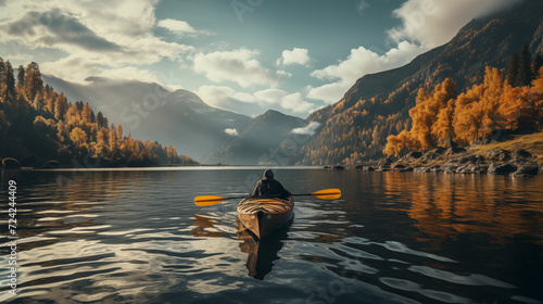 One unidentified individual paddle a canoe on a picturesque lake, with towering mountains providing a stunning backdrop © MakeVector