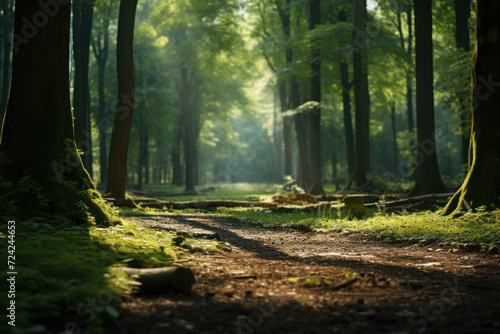 A dense forest is illuminated by sunlight filtering through the canopy, creating a dappled effect on the ground that instills a sense of enchantment and reverence. Generative Ai.