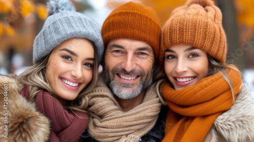 Group of Three People Wearing Winter Hats and Scarves Outdoors