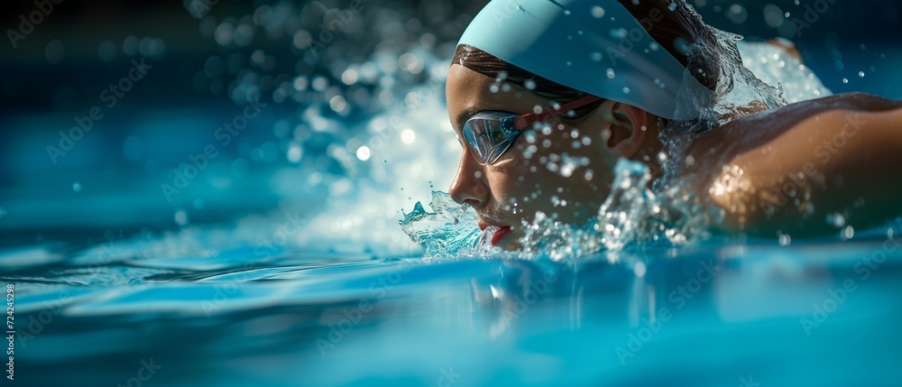 Close-up of a swimming woman, freestyle, swimming smoothly, flowing over the water