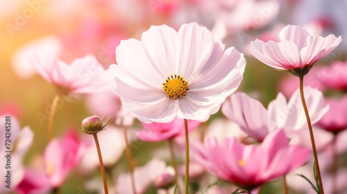 pink cosmos flowers  Cosmos flowers  Pink cosmos flower field in garden with blurry background and soft sunlight. Close up flowers blooming on softness style in spring summer under sunrise