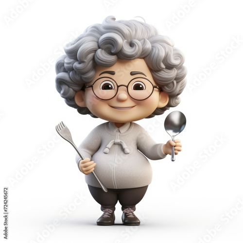 Asian Middle Age Gray Curly Hair Woman 3D Cute Character Holds Spoon. cook. Mother. grandmother. loves to feed. hospitable On White Background photo