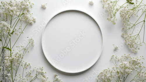 White round frame with small delicate white flowers on white background. wedding cards, bridal shower or other party invitation cards, Place for text. Flat lay, top view. #724245806