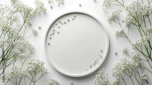 White round 3d frame with small delicate white flowers on white background. wedding cards, bridal shower or other party invitation cards, Place for text. Flat lay, top view.