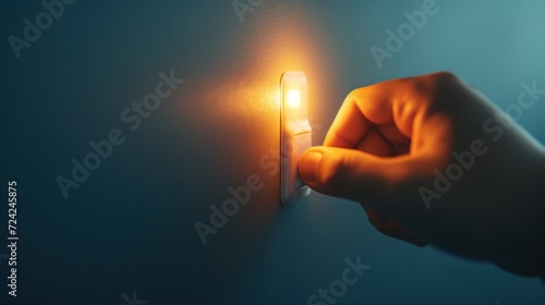 Save electricity, energy saving and environmental protection. Man's finger press on the button to turn off the light. Economical use of electricity