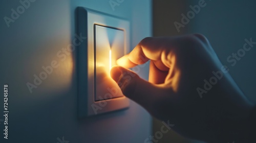 Save electricity, energy saving and environmental protection. Man's finger press on the button to turn off the light. Economical use of electricity photo