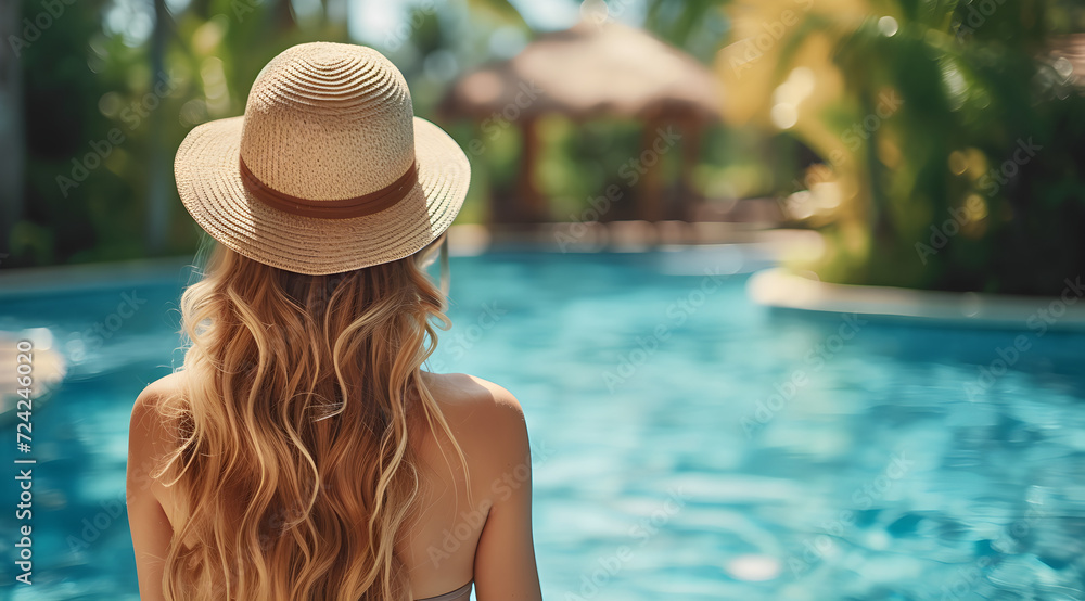 Back view of stylish young woman with long blond hair standing by a beautiful resort swimming pool on a sunny day, wearing a straw hat and enjoying her vacation