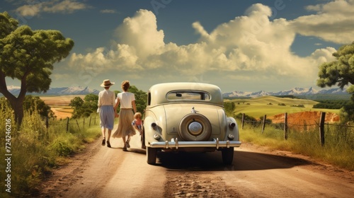 a photorealistic representation of a family in the sixties taking a drive on a beutiful country road headed for a city photo