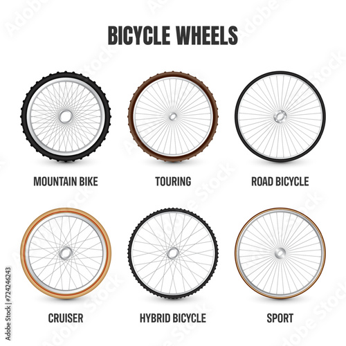 Realistic 3d bicycle wheels. Bike rubber tyres, shiny metal spokes and rims. Fitness cycle, touring, sport, road and mountain bike. Vector illustration