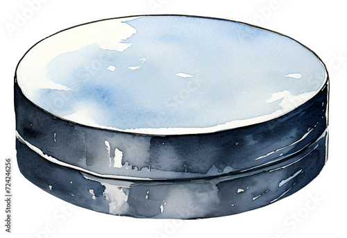 Watercolor illustration of a cute cartoon hockey puck. Sport games. Transparent background, png