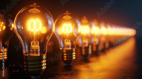 The glowing electric bulb lamp in a row of lamps. The unique concept. 3d illustration photo