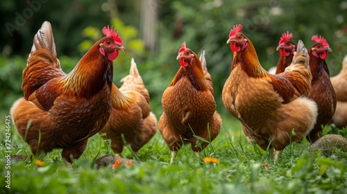 Rhode Island Red chickens in the countryside. photo
