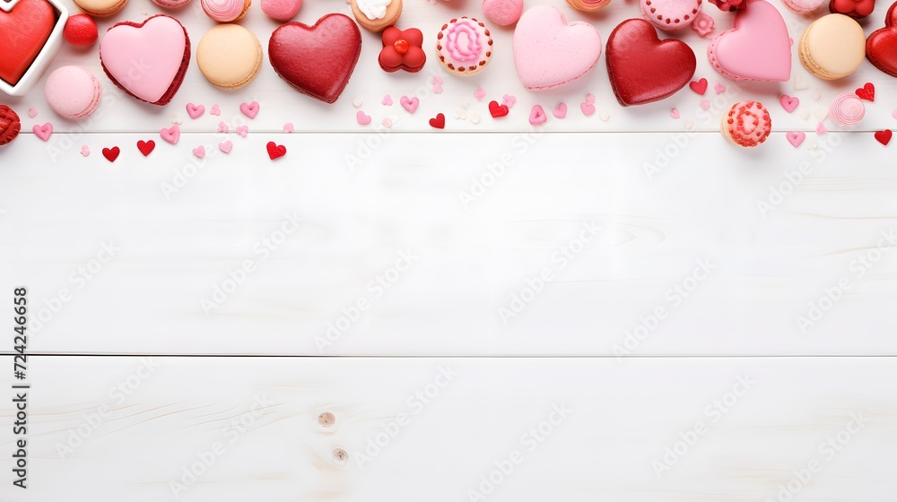 Valentines Day top border with assortment of fun desserts and sweets. Overhead view on a white wood banner background. Love and hearts theme. Copy space. 
