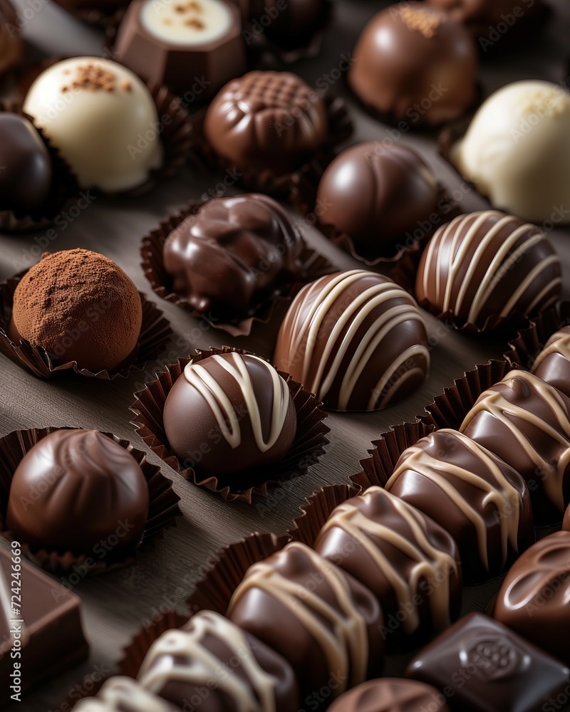 Assorted different Chocolate bon bons with different filling. Side view. Macro shot of sweets for decoration of store, coffee shop or cafe Assorted different Chocolate bon bons with different filling. Side view. Macro shot of sweets for decoration of store, coffee shop or cafe