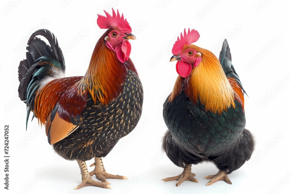 Colorful rooster and hen shown isolated.
