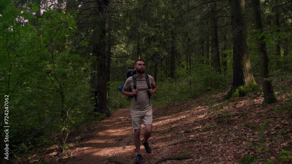Solo Tourist with backpack Hiking on Adventure Trip in Natural Woods Landscape. Wide shot slow motion following in front of Walking Person on trail in forest. Inspiring Outdoor Activities travel Solo Tourist with backpack Hiking on Adventure Trip in Natural Woods Landscape. Wide shot slow motion following in front of Walking Person on trail in forest. Inspiring Outdoor Activities travel