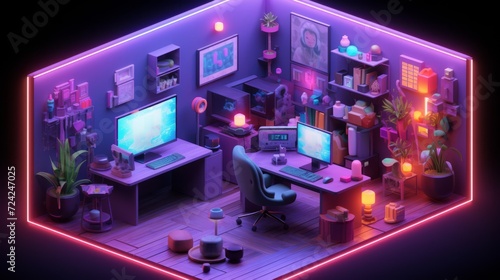 Tiny cute isometric art image of a room with many displays and computers