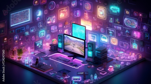 Tiny cute isometric art image of a room with many displays and computers