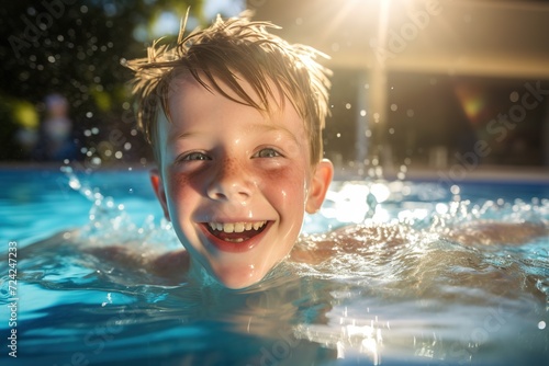 Close-up portrait of a red-haired ten-year-old boy with freckles enjoying in a swimming pool, looking at the camera and laughing with the sun behind him