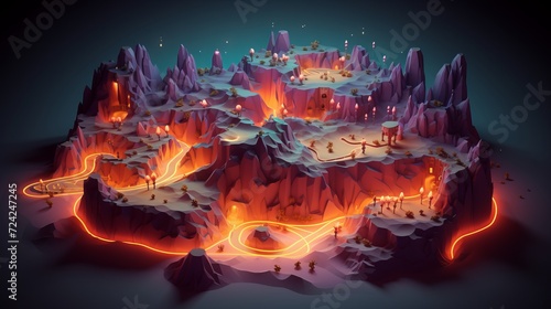 tiny cute isometric art image of a map full of caves with many branches and canyons full of lava photo