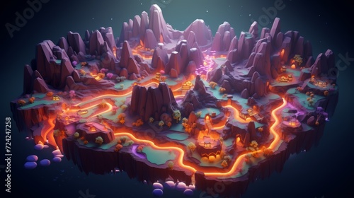 tiny cute isometric art image of a map full of caves with many branches and canyons full of lava